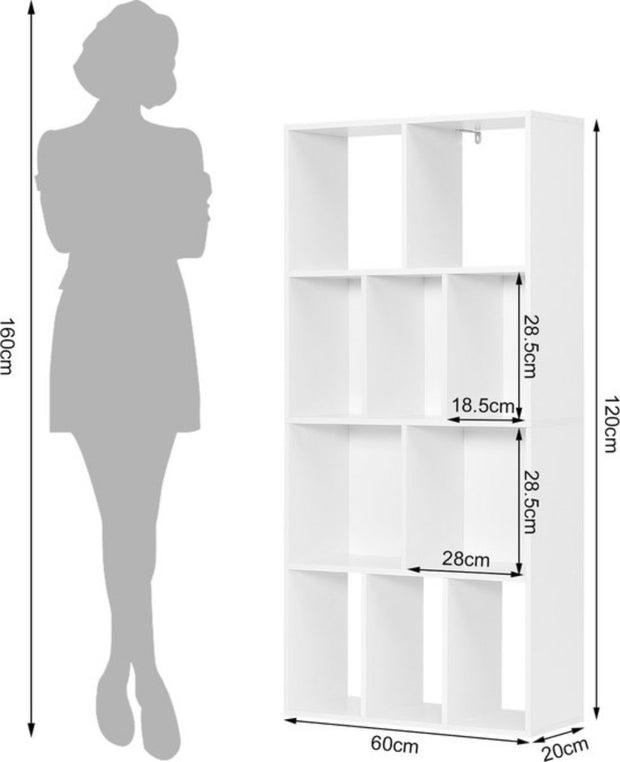 Scandinavische Boekenkast - Opbergkast of Ladderrek - Spaanplaat - 4-Laags Boekenkast - Boekenplankkast - Kubuskast met 10 Open Compartimenten - voor het Tentoonstellen van Boeken in de Woonkamer - 60x20x120 cm - Wit