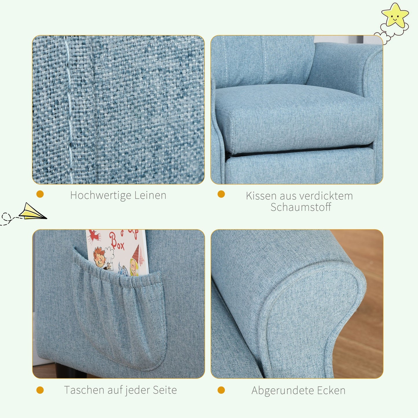 Kinderfauteuil – Kinderstoel – Kindersofa – Kinderbank – Relaxstoel – Verstelbare Rugleuning – Inclusief Voetensteun – Blauw – Compact 58x53x70 cm