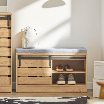 Schoenenrek – Schoenenkast – Schoenenhouder – Schoenenopberger – Schoenenbank – Schuifdeuren – Bamboe Materiaal – Zitkussen – Vintage Design – 80x35x48 cm