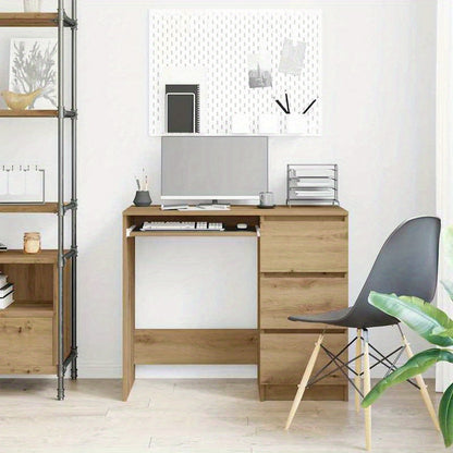 Modern Oak-Finish Composite Wood Desk - 90x45x76cm, Smooth & Moisture-Resistant, Anti-Warpage & Tear, Ideal for Home Office, Study, or Living Room, Stylish Minimalist Design with Storage Drawers, Desk Decor