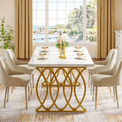 Eettafel – Tafel – Dinertafel – Keukentafel – Dining Table – Grote Witte & Gouden Rechthoekige Eettafel – MDF Marmerlook Blad – Stevig Metalen Frame 81,65 KG draagvermogen