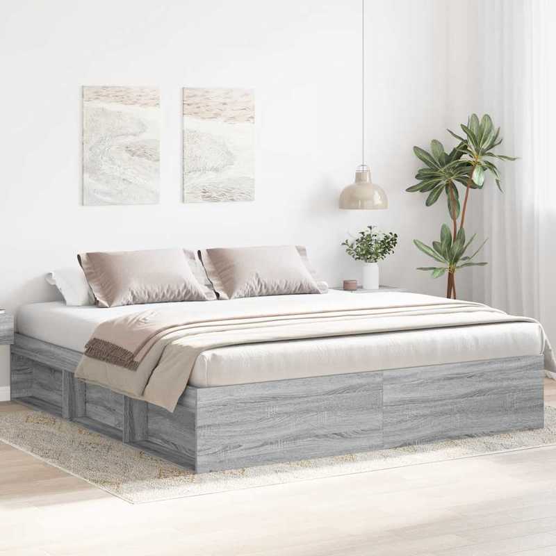 Bedframe – Bed – Bedbodem – Platformbed – Slaapbank – Modern Design – Massief Hout – King Size 180x200 cm – Stevig en Eenvoudig te Monteren – Grijs
