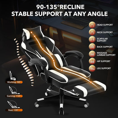 Ergonomic Gaming Chair with Massage Lumbar Support & Retractable Footrest - 360° Swivel, Height-Adjustable Computer Desk Chair with Headrest & Backrest Cushion, Quiet-Rolling Casters for Office & Home, Easy Assembly (No Tool
