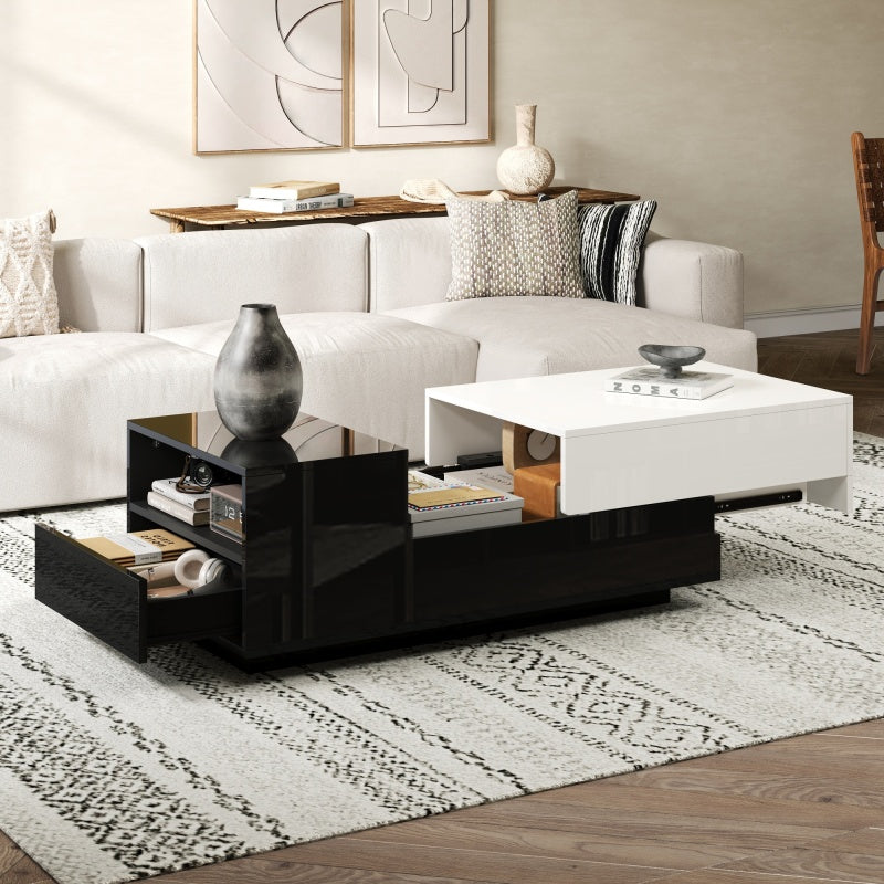 Salontafel – Koffietafel – Woonkamertafel – Dressoirtafel – Bijzettafel – Hoogglans Spaanplaat – Grote Opberglade Met Schuifplaat – Geometrisch Zwart-Wit Design