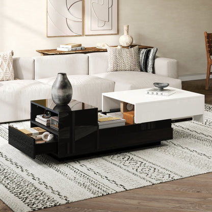 Salontafel – Koffietafel – Woonkamertafel – Dressoirtafel – Bijzettafel – Hoogglans Spaanplaat – Grote Opberglade Met Schuifplaat – Geometrisch Zwart-Wit Design
