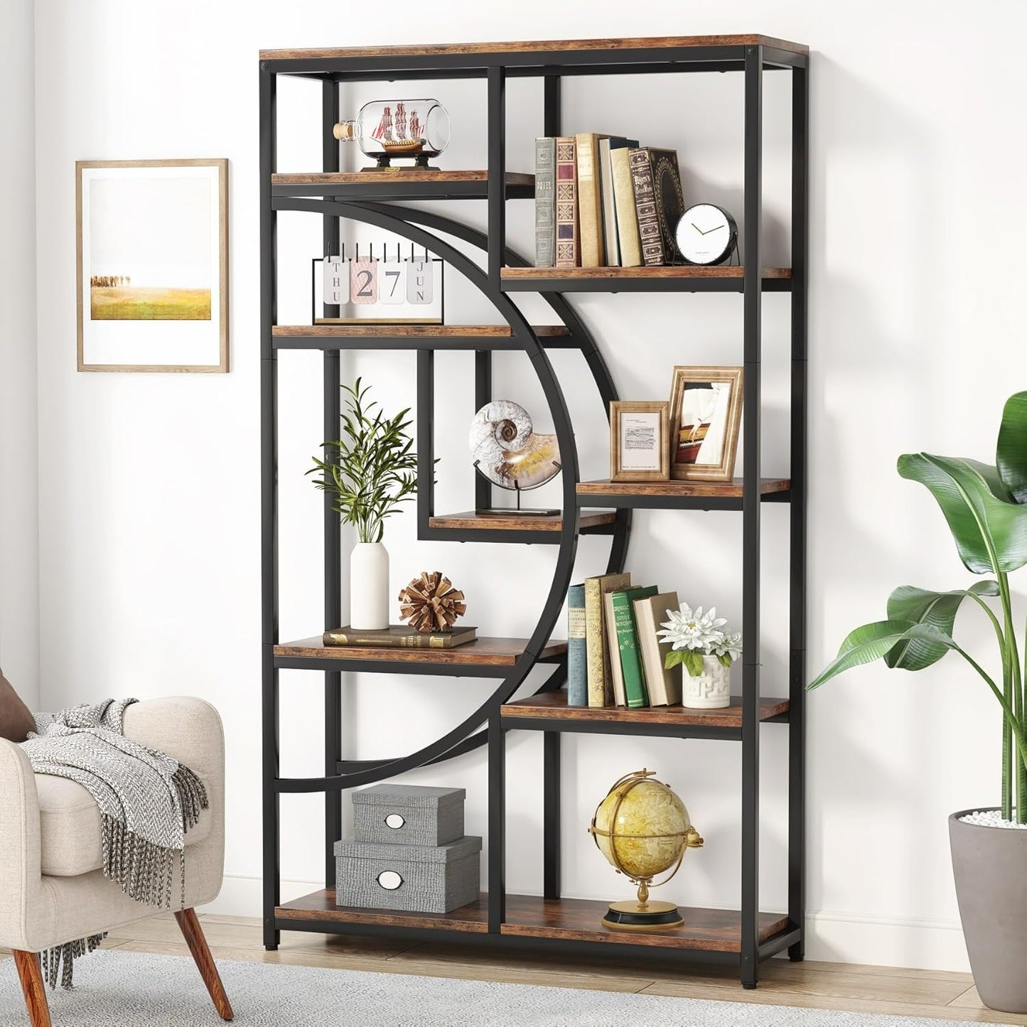 Boekenkast – Boekrek – Wandrek – Opbergkast – Vakkenkast – 9 Open Vakken – Robuust MDF Met Metaal – Industrieel Design – Rustic Brown & Zwart
