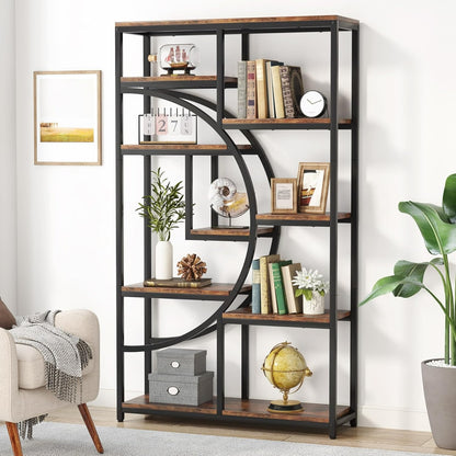 Boekenkast – Boekrek – Wandrek – Opbergkast – Vakkenkast – 9 Open Vakken – Robuust MDF Met Metaal – Industrieel Design – Rustic Brown & Zwart