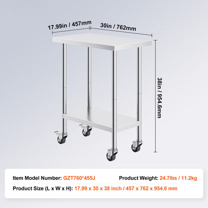 Roestvrijstalen Werktafel – Keukentafel – Werkbank – RVS Tafel – Industrieel Werkblad – 30x46x97 cm – 4 Zwenkwielen Met Rem – 3 Verstelbare Opbergplanken