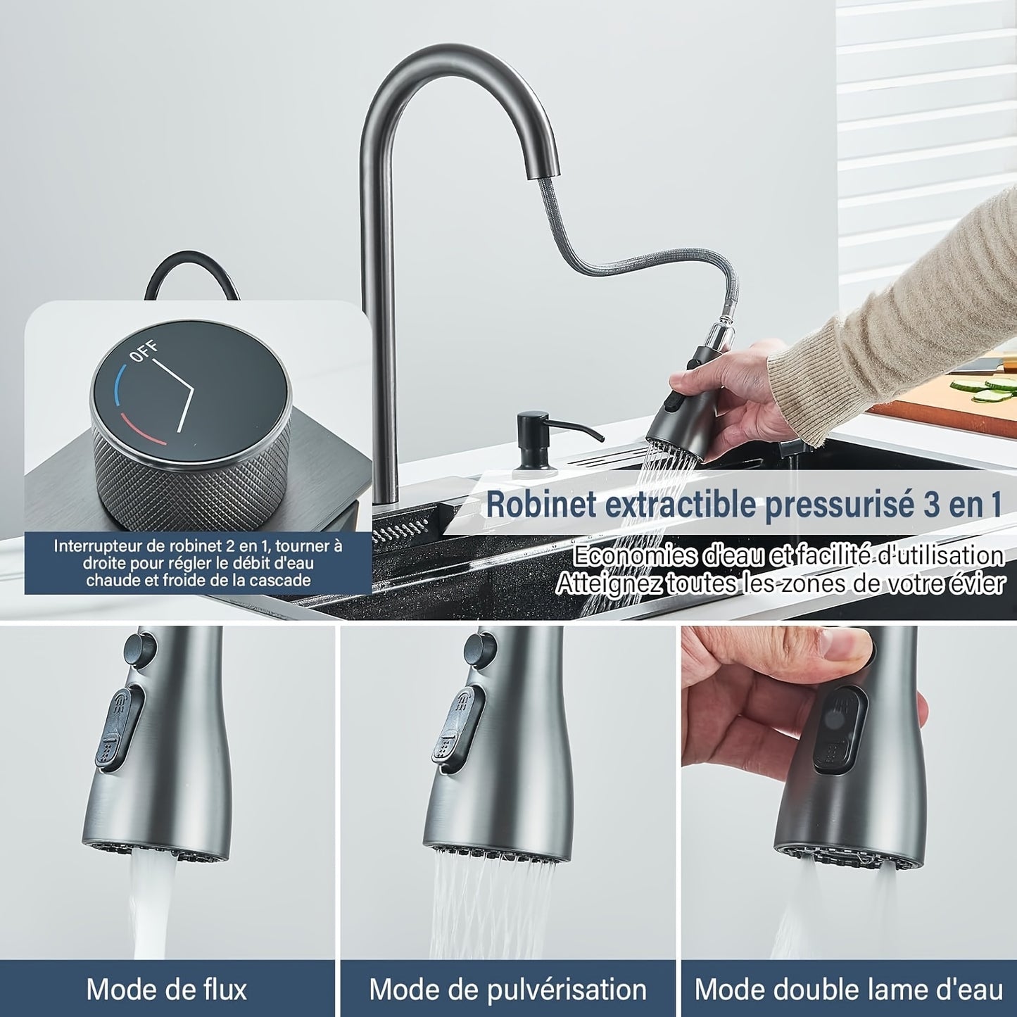 RVS Keukenspoelbak – Inbouwspoelbak – Spoelbak RVS – Enkele Bak – Keukenspoelbak Met Kraan – Gun Grey – Watervalkraan Met Uittrekbare Sproeikop – Duurzaam Roestvrij Staal