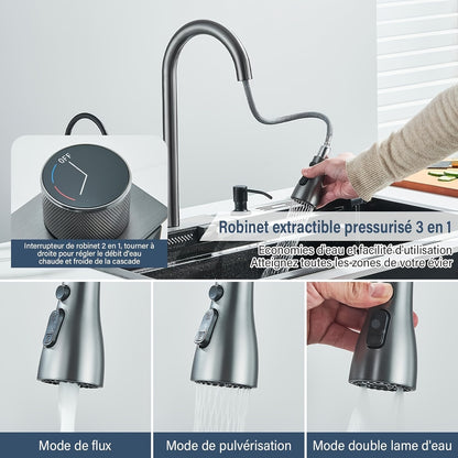 RVS Keukenspoelbak – Inbouwspoelbak – Spoelbak RVS – Enkele Bak – Keukenspoelbak Met Kraan – Gun Grey – Watervalkraan Met Uittrekbare Sproeikop – Duurzaam Roestvrij Staal
