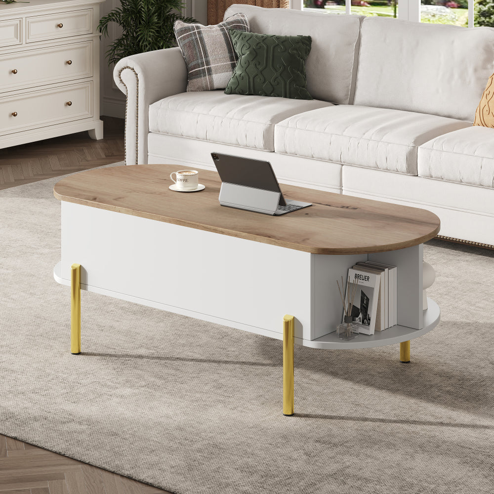Salontafel – Koffietafel – Bijzettafel – Woonkamertafel – Verstelbare Tafel – Verstelbaar Hoogte – Uitbreidbaar Tafelblad – 7 Opbergrekken – Wit/Geel Metalen Frame