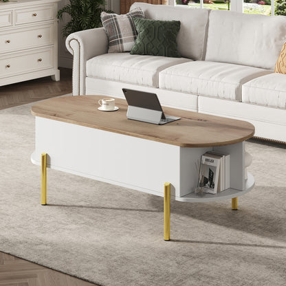 Salontafel – Koffietafel – Bijzettafel – Woonkamertafel – Verstelbare Tafel – Verstelbaar Hoogte – Uitbreidbaar Tafelblad – 7 Opbergrekken – Wit/Geel Metalen Frame