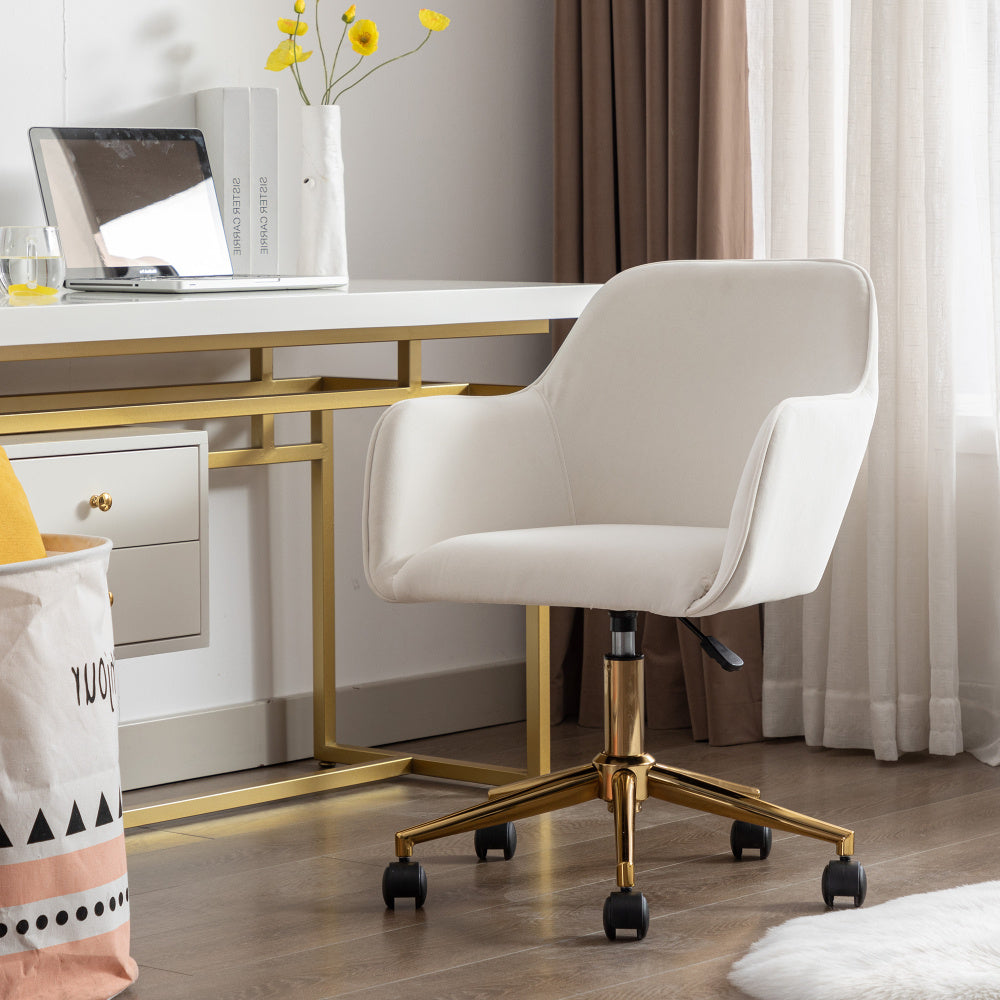Bureaustoel – Kantoorstoel – Werkstoel – Draaistoel – Stoel Met Verstelbare Hoogte – Velvet Ivoor Bekleding – 360° Draaibaar – Vijfwielige Basis – Hooge Rugleuning – Comfortabele Foamvulling