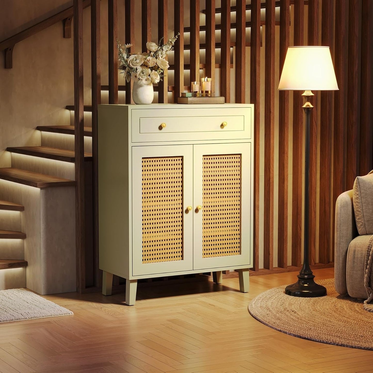 Schoenenkast – Schoenenrek – Schoenenopberger – Halkast – Schoenenkast Smal – Mintgroen Met Rattan Deuren – 4 Verstelbare Planken – Vrijstaand 80x40x111 cm