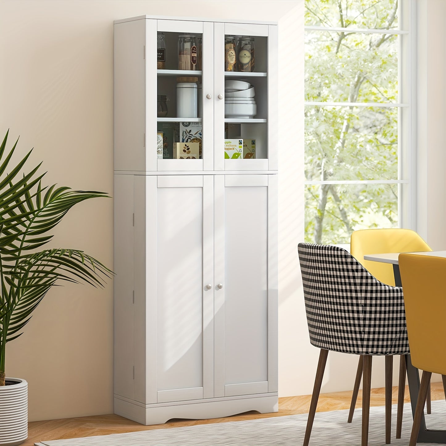 Keukenkast – Keukenbuffet – Opbergkast – Dressoir – Vrijstaand – Wit – 2 Deuren – 14 Planken – MDF En Veiligheidsglas – Compact 60x31,5x161,5 cm