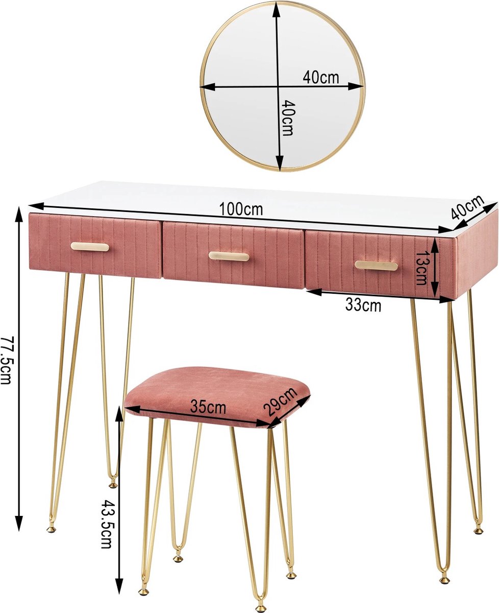 Luxury Dressing Table - Make-up Table - Dresser - Dressing Table - Make-up Table - Including Mirror and Stool - Velvet Look - Ladies/Teenagers