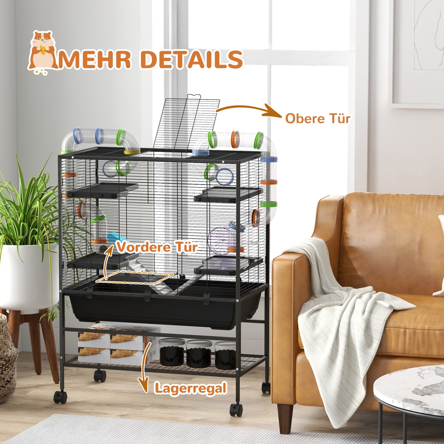 Hamsterkooi – Knaagdierkooi – Gerbilkooi – Knaagdierverblijf – Hamsterkooi Met Buizen – Ruime Leefruimte 109x82x46 cm – Inclusief Looprad & Drinkfles