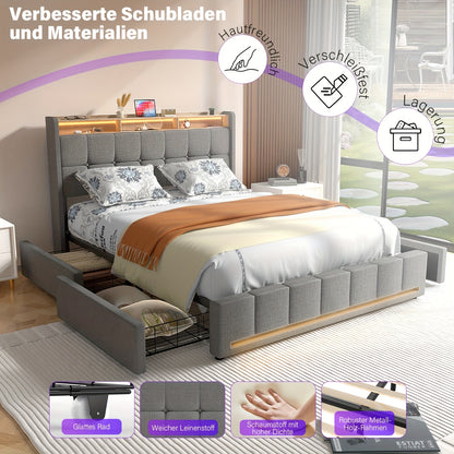 Modern RGB LED Smart Tweepersoonsbed 160x200 cm – 4 Lade-opslag & RGBW Kleurveranderend Hoofdeinde – Stevig MDF/Metaal, Plug-and-Play Montage