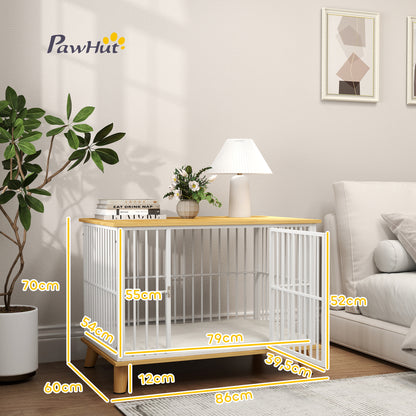 Hondenbench – Hondenkooi – Hondenmand – Hondenhuis – Reishondenbench – Vergrendelbare Deur – Uitneembaar Wasbaar Kussen – Stijlvol Wit Eiken – Staal Houtcomposiet – 86x60x70 cm – Goede Ventilatie