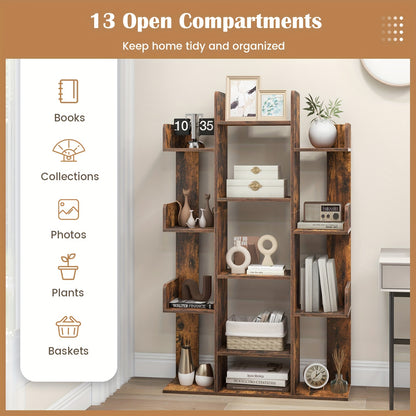 Boomvormige Boekenplank – Boekenrek – Boekenkast – Opbergkast – Wandkast – 141 cm Hoog – 13 Open Vakken – Vrijstaand Bruin