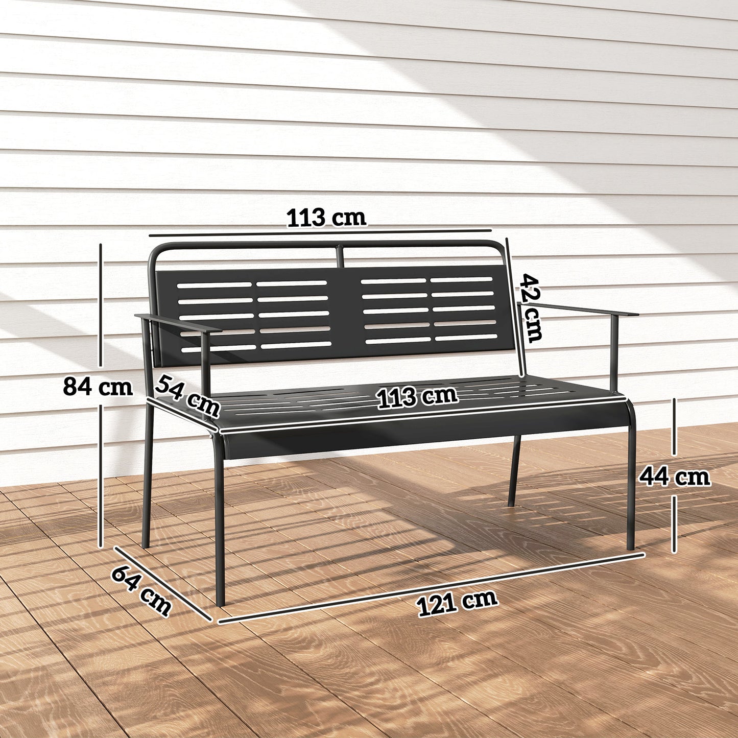 Tuinbank – Buitenbank – Tuinstoel – Parkbank – Zwarte Weerbestendige Bank – Stalen Frame – Comfortabele Armleuningen