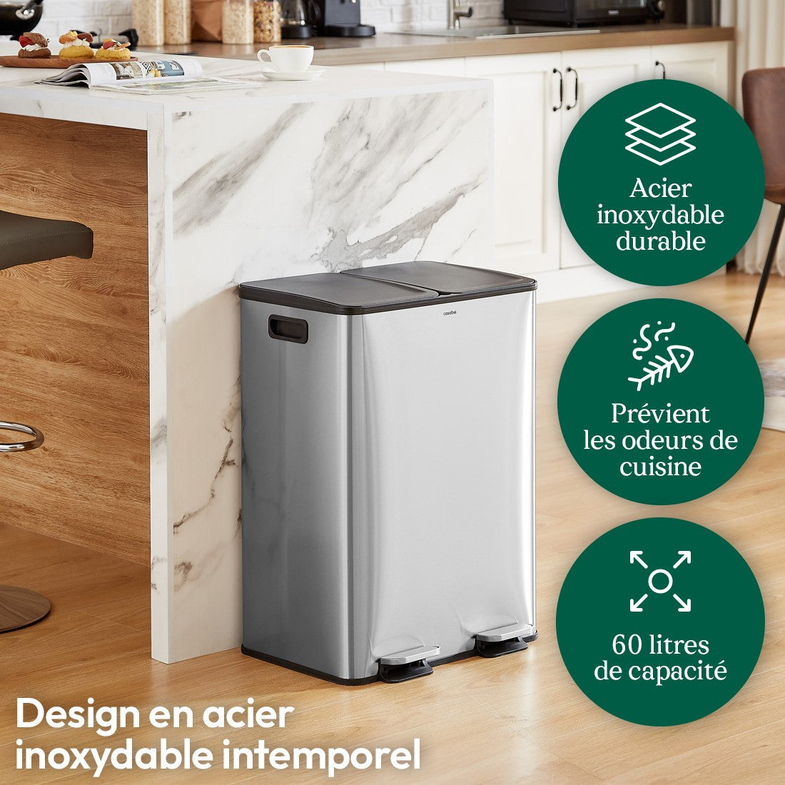 Keukenafvalemmer – Afvalbak – Prullenbak – Vuilnisbak – Recyclingbak – Dubbele Compartimenten 2x30L – RVS Geborsteld – Antigeur & Vingerafdrukbestendig