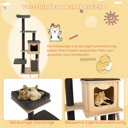 Krabpaal – Krabboom – Kattenboom – Klimpaal – Activiteitentoren – 6-laags Houten Krabpaal Met Sisal – Met Kattenhol En Zacht Kussen – Stabiele, Hoge Klimtoren 175 cm – Grijs-Beige