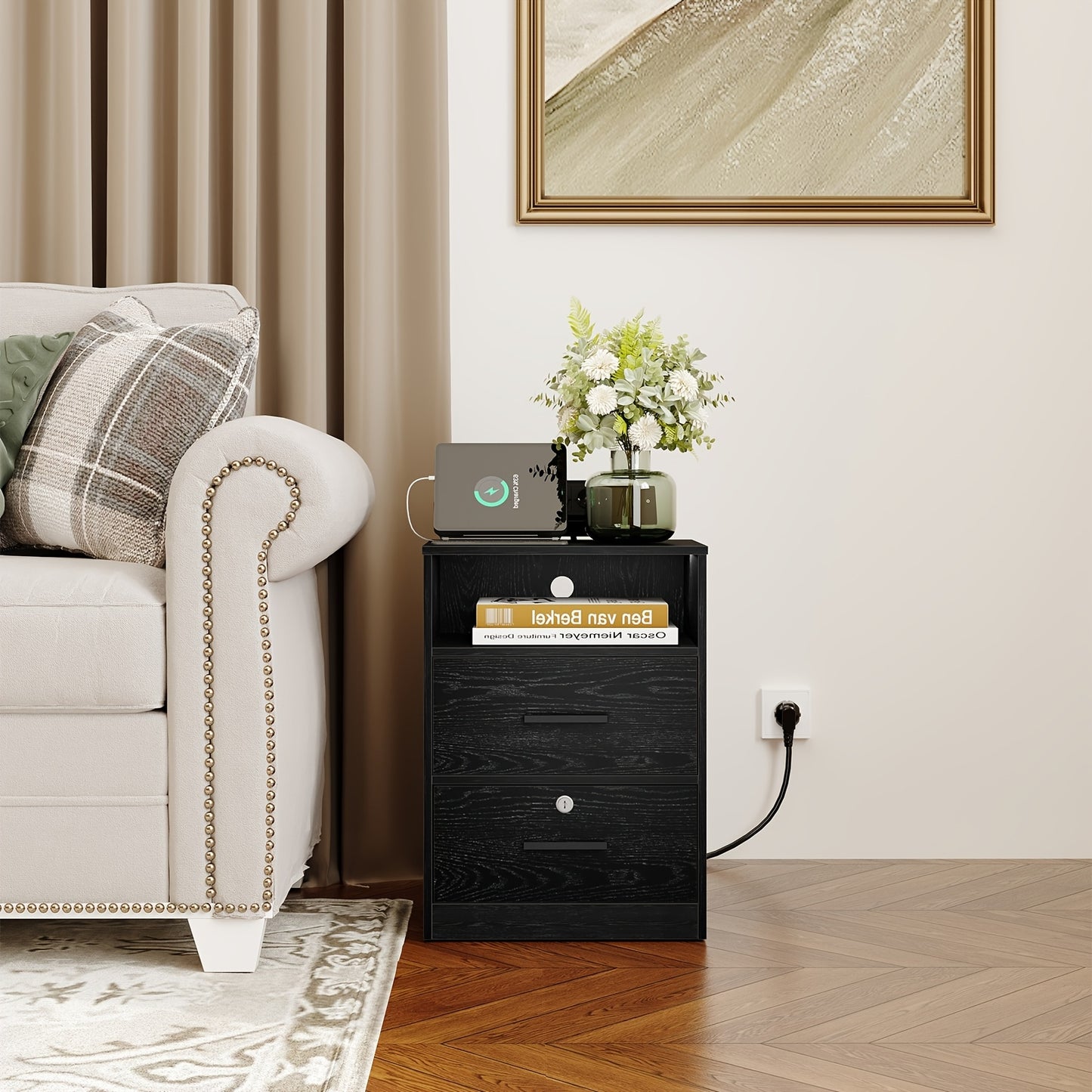 Bedside Table Set Of 2, 1 Open Compartment And 2 Drawers, For Bedroom, Living Room