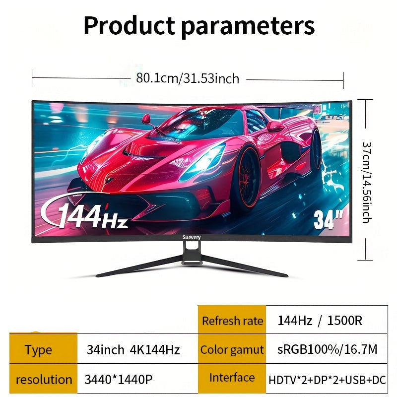 34 inch Curved Monitor – Ultrawide Scherm – Gaming Monitor – LED Display – Computer Monitor – 4K Resolutie – 144Hz Verversingssnelheid
