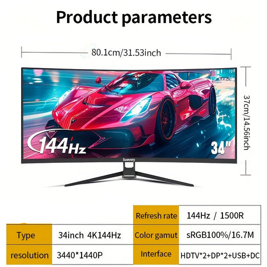34 inch Curved Monitor – Ultrawide Scherm – Gaming Monitor – LED Display – Computer Monitor – 4K Resolutie – 144Hz Verversingssnelheid