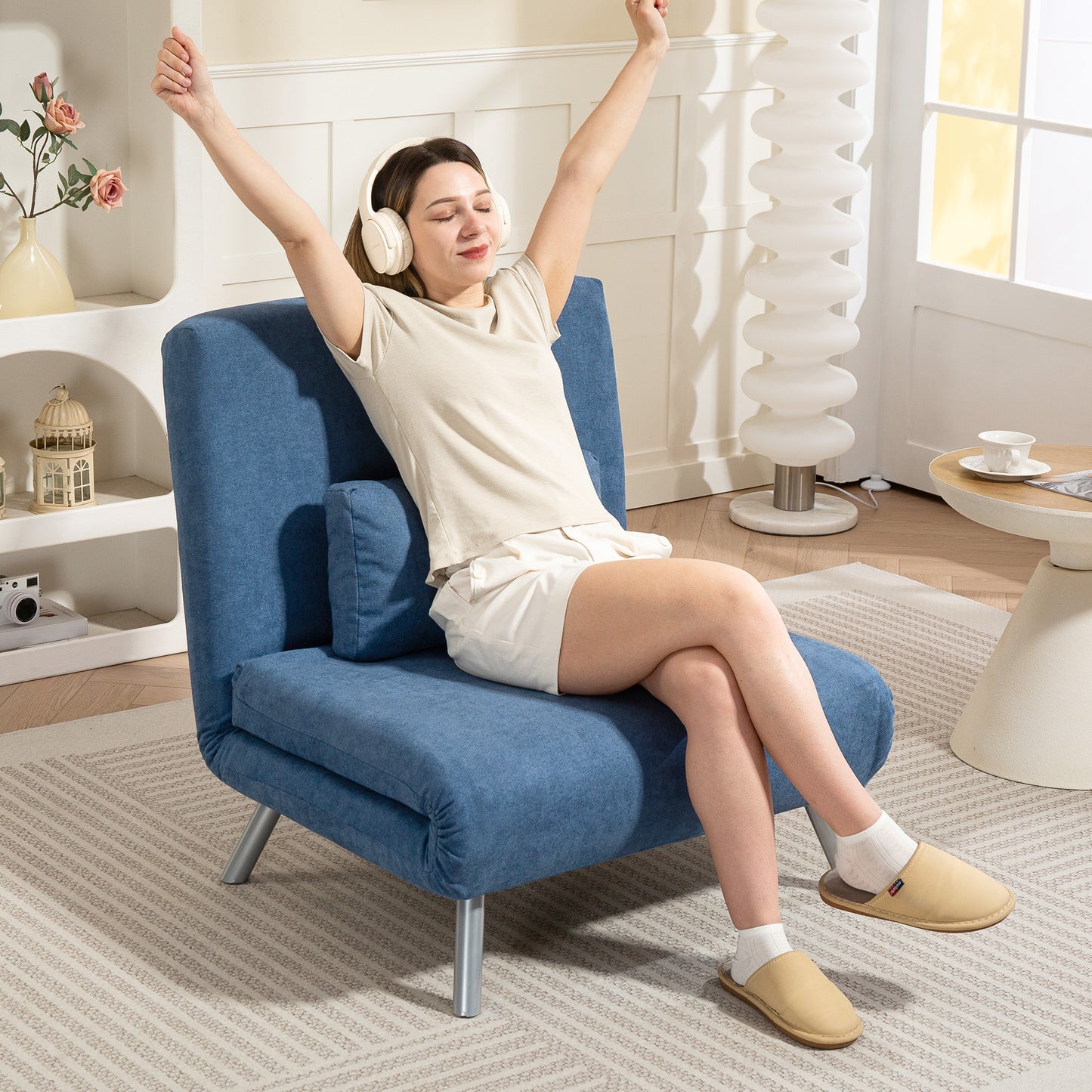 Relaxfauteuil – Slaapfauteuil – Slaapstoel – Loungestoel – Fauteuil Met Bedfunctie – 3-in-1 Design – Inclusief Kussen – Comfortabele Stoffering Blauw