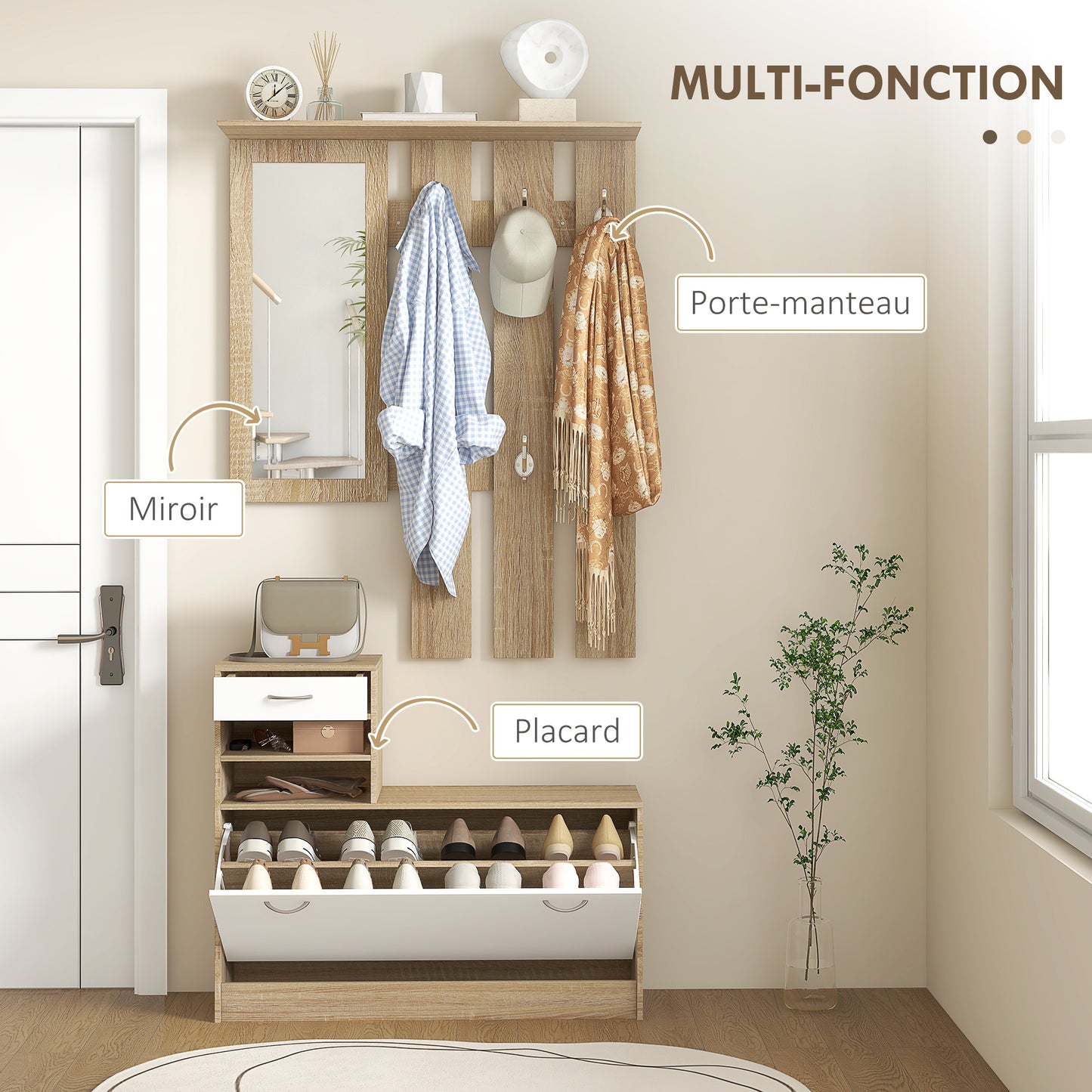 Halmeubel – Kapstok – Schoenenkast – Halbank – Garderoberek – 3-in-1 Multifunctioneel – Melamine Spaanplaat – 6 Haken & Spiegel – Natuurlijk Houtwit