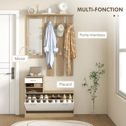 Halmeubel – Kapstok – Schoenenkast – Halbank – Garderoberek – 3-in-1 Multifunctioneel – Melamine Spaanplaat – 6 Haken & Spiegel – Natuurlijk Houtwit