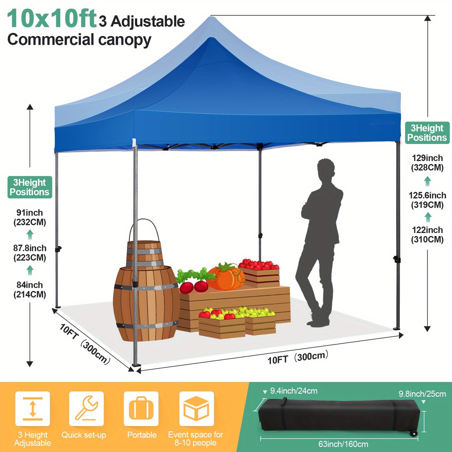 3.05x3.05meter Foldable Pop-Up Canopy with 4 Side Walls, Commercial Heavy Duty Awning, Quick to Set Up, Outdoor Party Tent, Instant Awning with Roller Bag, Suitable for Outdoor Camping, Market Events, Festival Exhibitions