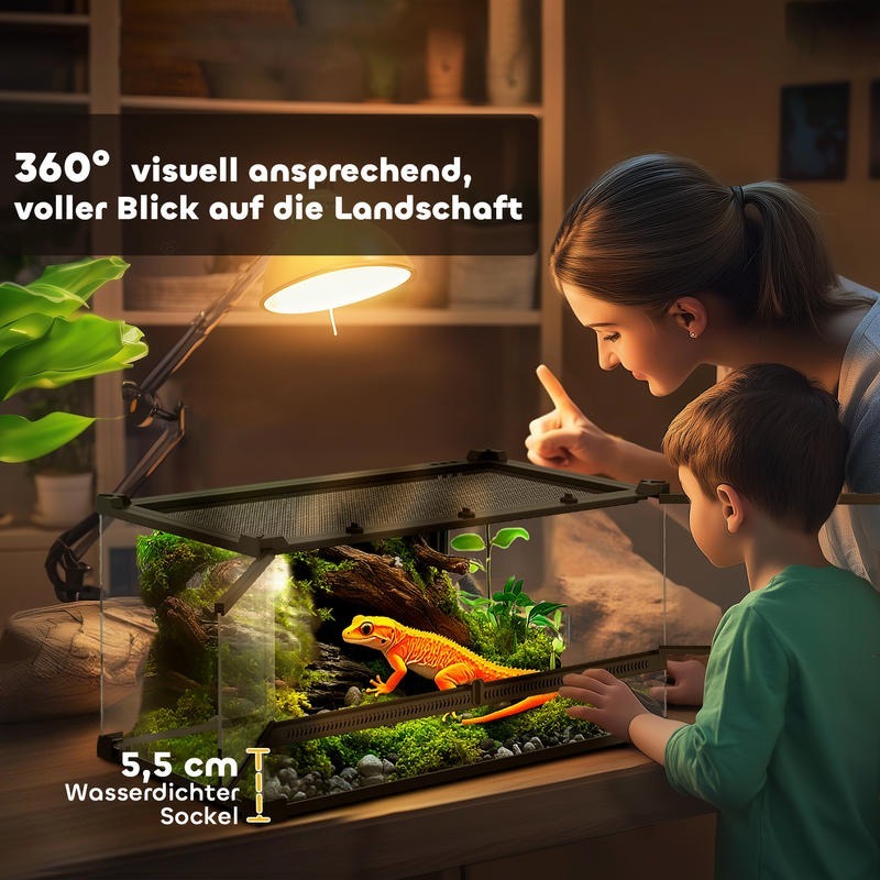 Terrarium – Reptielen Terrarium – Glas Terrarium – Hagedis Terrarium – Slang Terrarium – Groot Glas Terrarium Met Verhoogde Waterdichte Basis – Veilig Push-Lock Deksel
