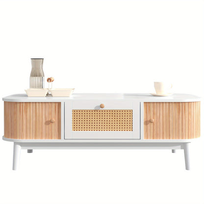 Salontafel – Koffietafel – Tafelblad – Woonkamertafel – Houten Tafel – Massief Hout Met Rattan – Schuifdeuren En Lades – 110x55x38,5 cm – Wit Met Houtkleur