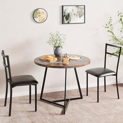 Ronde Eettafelset 2 Personen – Eettafel Rond – Tafel Met Stoelen – Compacte Eettafel – Kleine Eettafelset – Houtlook Tafelblad – Zwart Metalen Onderstel – Ruimtebesparend Ontwerp – Comfortabele Beklede Stoelen