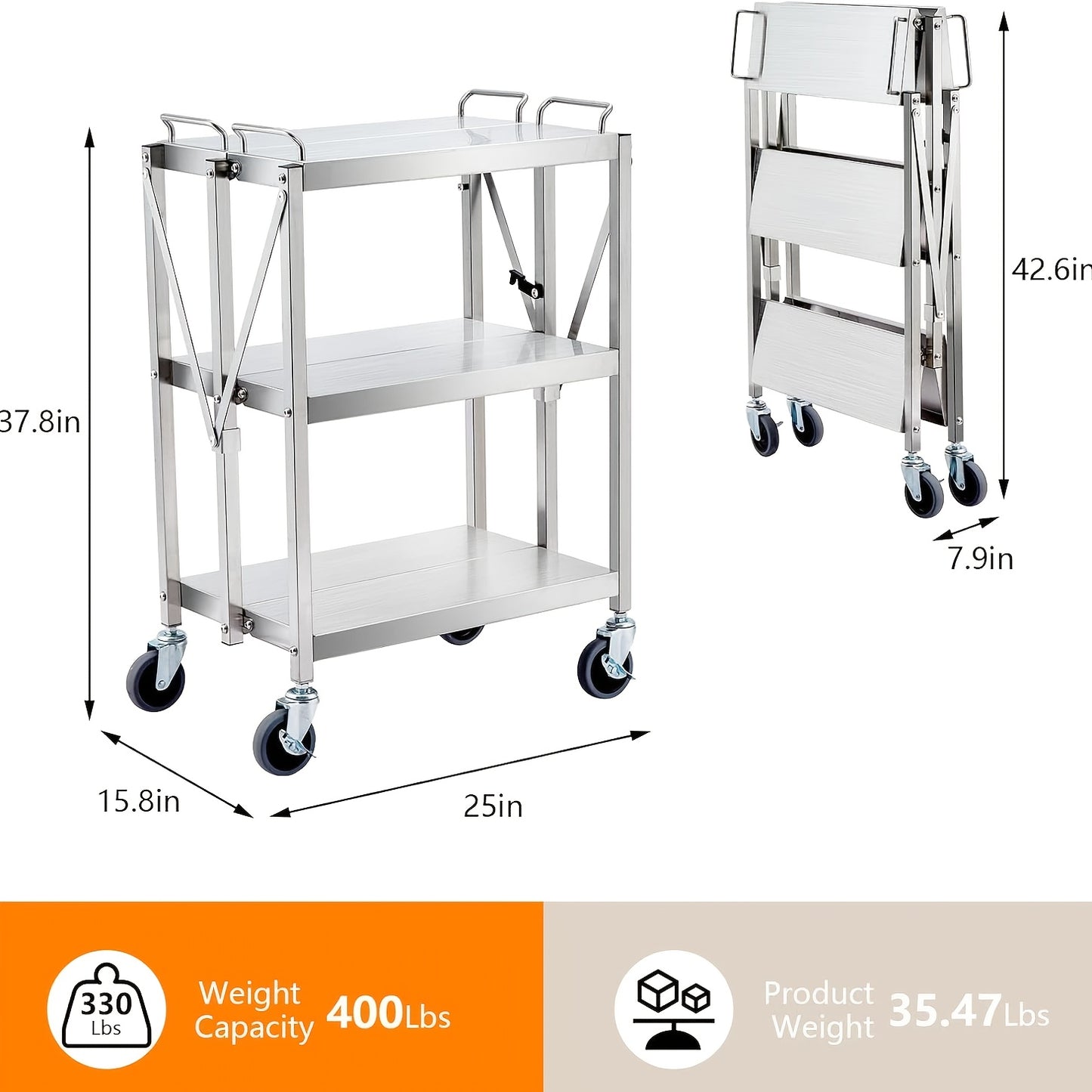 Opvouwbare Transportkar – Vouwbare Kar – Transportwagen – Trolley – Inklapbare Kar – Zilveren Variant – Draagkracht 181 kg – 3 Stevige Planken – Vergrendelbare Rubber Wielen – Ruimtebesparend Design