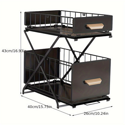Space-Saving Foldable Desk Organizer - Dual Pull-Out Shelves & Anti-Scratch Black Finish | 26x40cm Slim Fit For Monitors/Laptops (Compact Office Essential)