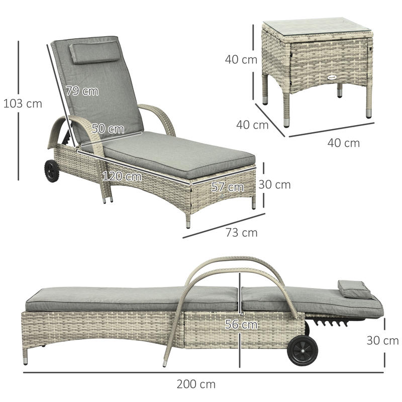 Sonnenliege Gartenliege Tisch 3Er-Set Gartenmöbel, Polyrattan+Metall Grau