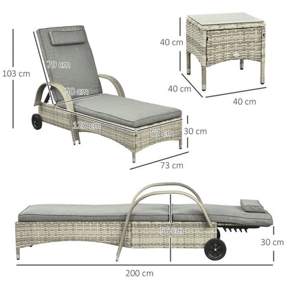 Sonnenliege Gartenliege Tisch 3Er-Set Gartenmöbel, Polyrattan+Metall Grau