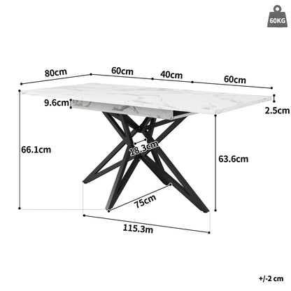 Uitklapbare Eettafel – Uitschuifbare Keukentafel – Verlengbare Tafel – Moderne Eetkamertafel – Ruimtebesparend – Wit Marmerlook Blad – 120-160 cm – Eenvoudige Montage