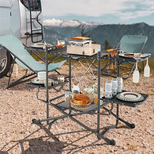 Campingkeuken – Vouwtafel – Klaptafel – Campingtafel – Tafel – Aluminium Werkblad – 4 Uitklapbare Zijtafels