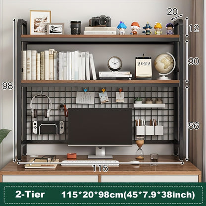 Boekenplank – Boekenrek – Bureauplank – Opbergplank – Boekenkast – 2-laags Ontwerp – Houten Bovenblad & Zwart Metalen Frame – 20x115x98 cm – Eenvoudige Montage