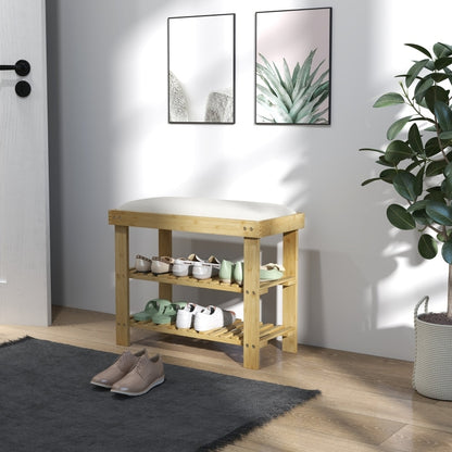 Schoenenbank – Schoenrek – Zitbank – Opbergbank – Halbank – Crème Wit – Bamboe Zitting – 2 Open Vakken – Compact 60x29x49 cm