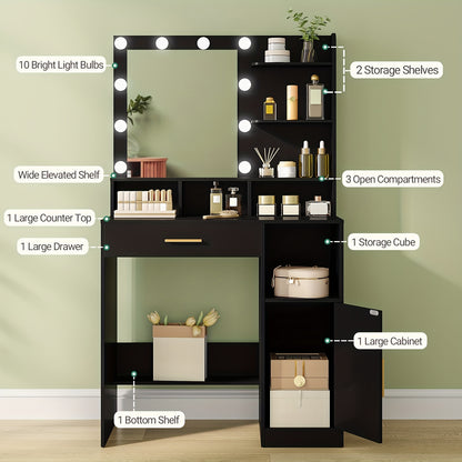Make-up Tafel – Kaptafel – Schminktafel – Make-up Bureau – Vanity Set – Zwart – 10 LED Verlichting – Ruime Opbergruimte Met Laden En Planken