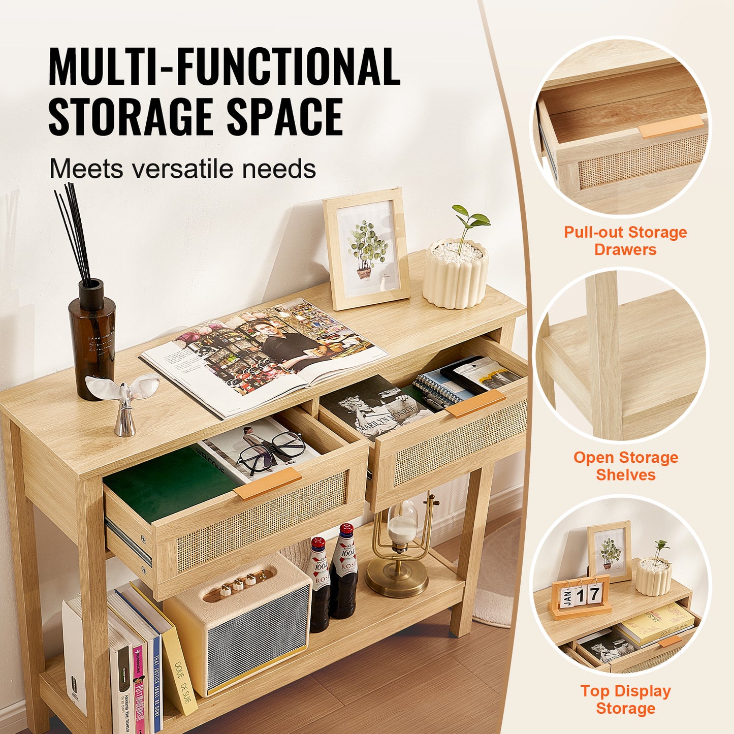 Rattan Sidetable – Bijzettafel – Console Tafel – Opbergmeubel – Haltafel – Natuurlijk Rattan – 2 Lades – Warme Eikenhoutkleur