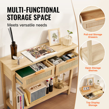 Rattan Sidetable – Bijzettafel – Console Tafel – Opbergmeubel – Haltafel – Natuurlijk Rattan – 2 Lades – Warme Eikenhoutkleur