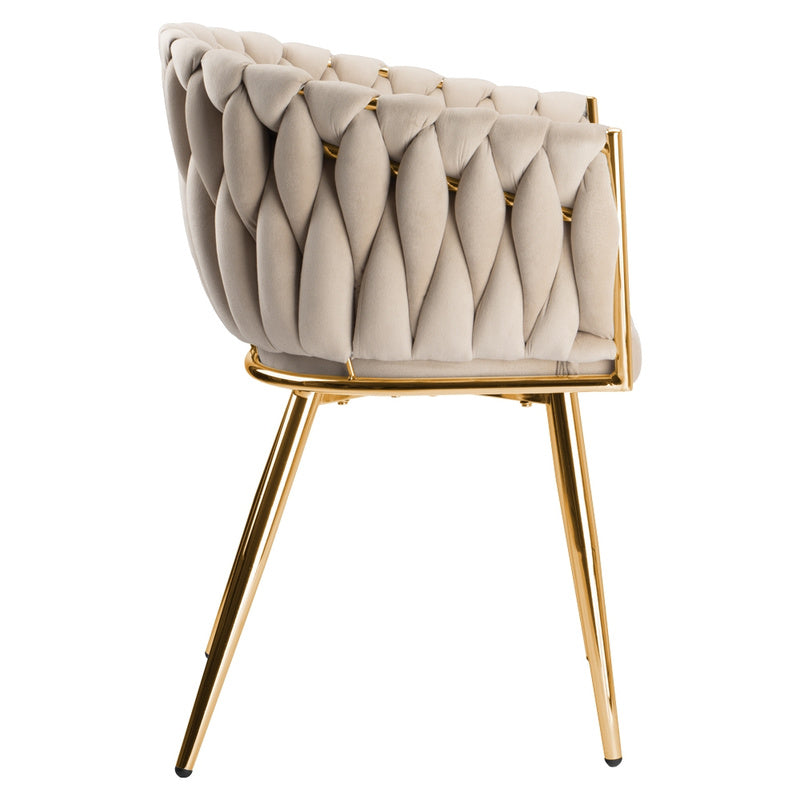 Loungestoel – Fauteuil – Relaxstoel – Kamerstoel – Woonkamerstoel – Beige Fluweelstof – Met Gouden Metalen Poot – Ergonomische Rugleuning – Compact Formaat 73 cm Hoog