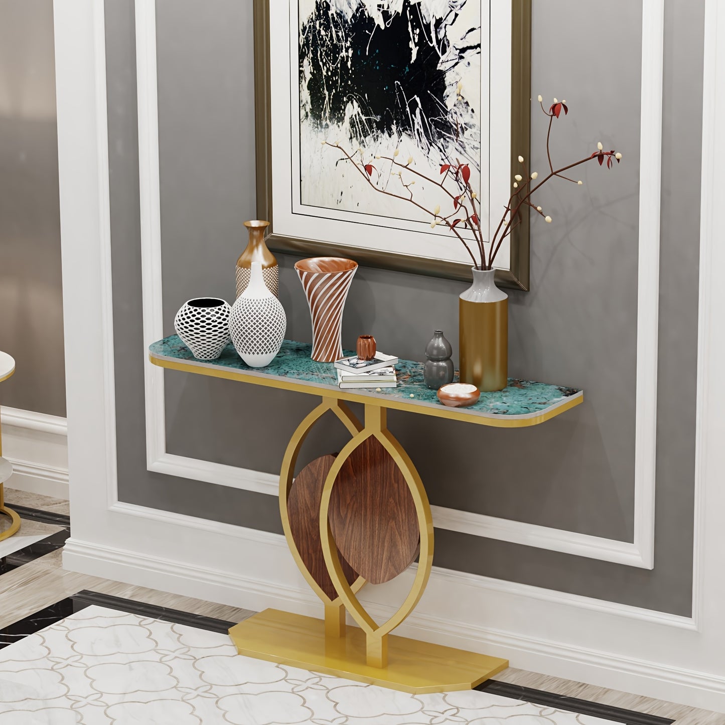 Sidetable – Consoletafel – Haltafel – Wandtafel – Entree Meubel – Luxe Sintered Stone Blad – Kras- en Hittebestendig – Gouden Zelfstabiliserend Metaalframe – Draagvermogen 99,79 kg